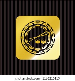 sushi icon inside gold emblem or badge