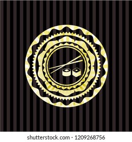 sushi icon inside gold emblem or badge
