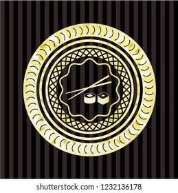 sushi icon inside gold emblem