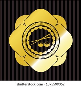 sushi icon inside gold emblem