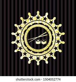 sushi icon inside gold emblem
