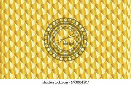 sushi icon inside gold shiny badge. Scales pattern. Vector Illustration. Detailed.