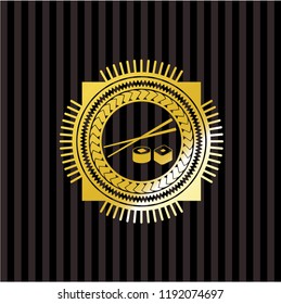 sushi icon inside golden badge or emblem