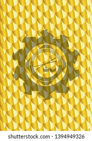sushi icon inside golden badge or emblem. Scales pattern. Vector Illustration. Detailed.