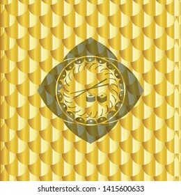 sushi icon inside golden emblem. Scales pattern. Vector Illustration. Detailed.