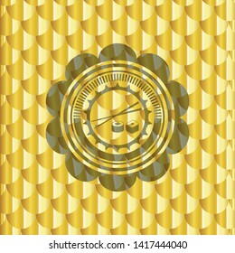 sushi icon inside golden emblem. Scales pattern. Vector Illustration. Detailed.