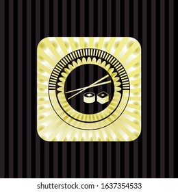 sushi icon inside golden emblem or badge