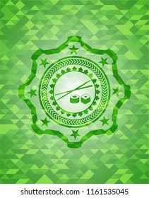 sushi icon inside green emblem. Mosaic background