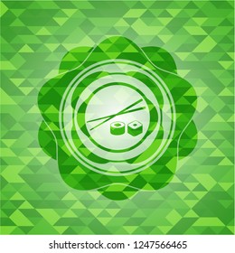 sushi icon inside green emblem with triangle mosaic background