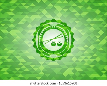 sushi icon inside green emblem with mosaic ecological style background