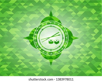 sushi icon inside green emblem with mosaic background