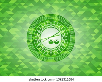 sushi icon inside green emblem with mosaic ecological style background