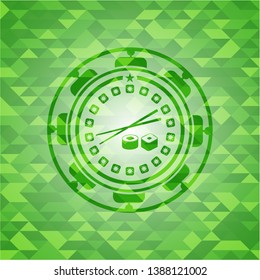 sushi icon inside green mosaic emblem