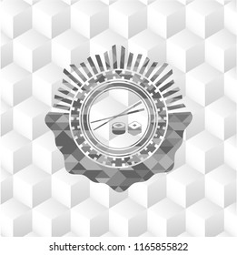 sushi icon inside grey badge with geometric cube white background