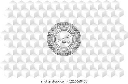 sushi icon inside grey badge with geometric cube white background