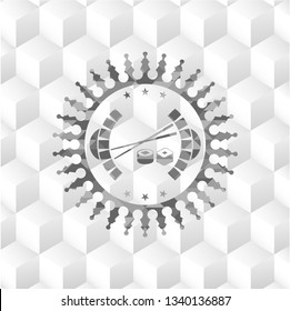 sushi icon inside grey badge with geometric cube white background