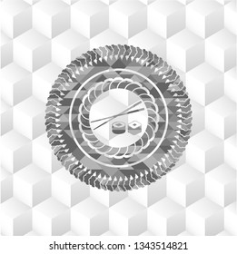 sushi icon inside grey badge with geometric cube white background