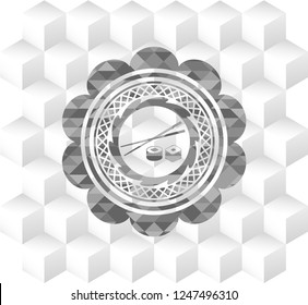 sushi icon inside grey emblem with geometric cube white background