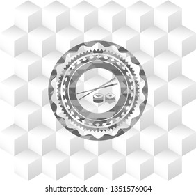 sushi icon inside grey emblem. Vintage with geometric cube white background
