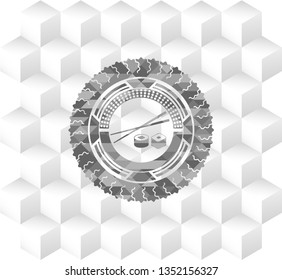 sushi icon inside grey emblem. Vintage with geometric cube white background
