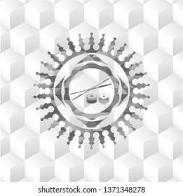 sushi icon inside grey icon or emblem with geometric cube white background