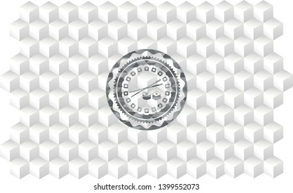 sushi icon inside grey emblem with geometric cube white background