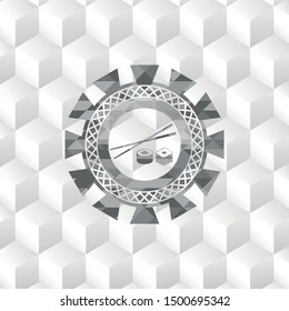 sushi icon inside grey icon or emblem with geometric cube white background