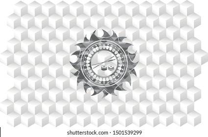 sushi icon inside grey emblem. Retro with geometric cube white background