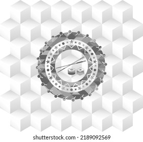 sushi icon inside grey emblem with cube white background. 