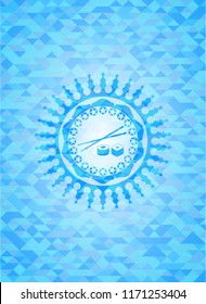 sushi icon inside light blue emblem with mosaic background