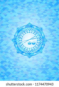 sushi icon inside light blue emblem with triangle mosaic background