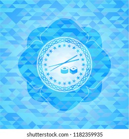 sushi icon inside light blue emblem with mosaic background