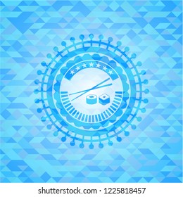 sushi icon inside light blue emblem. Mosaic background