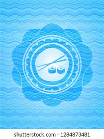 sushi icon inside light blue water wave badge.