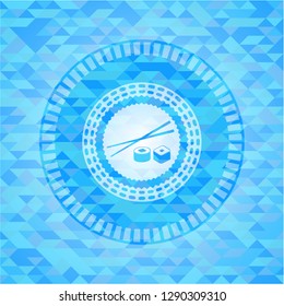 sushi icon inside light blue emblem with mosaic background