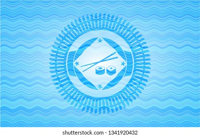 sushi icon inside light blue water style emblem.