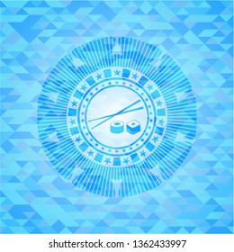 sushi icon inside light blue emblem with triangle mosaic background