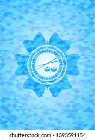 sushi icon inside light blue emblem with mosaic background