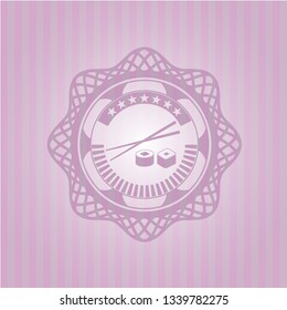 sushi icon inside pink emblem. Vintage.