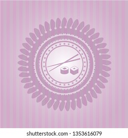 sushi icon inside pink emblem. Vintage.
