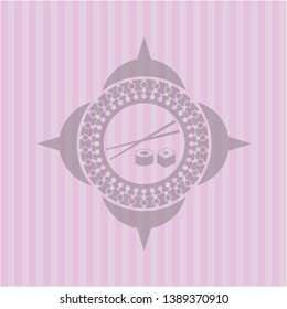sushi icon inside pink emblem. Retro