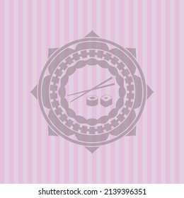 sushi icon inside pink emblem. Vintage. Detailed design. 