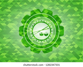 sushi icon inside realistic green mosaic emblem