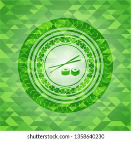sushi icon inside realistic green emblem. Mosaic background