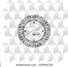 sushi icon inside realistic grey emblem with geometric cube white background
