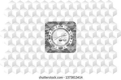 sushi icon inside realistic grey emblem with geometric cube white background