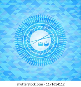 sushi icon inside realistic light blue emblem. Mosaic background