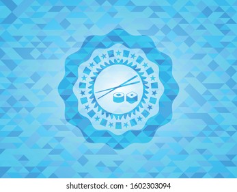 sushi icon inside realistic light blue emblem. Mosaic background