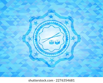 sushi icon inside realistic light blue emblem. Mosaic background. 