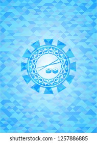 sushi icon inside realistic sky blue emblem. Mosaic background